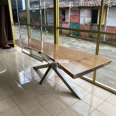 Meja makan kaki stainless steel top table kayu trembesi - Jerouma Living