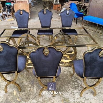 Luxury set meja dan 6 kursi makan stainless steel golden