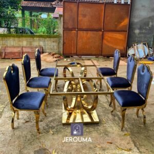Luxury set meja dan 6 kursi makan stainless steel golden