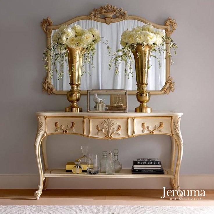 Meja Konsol Klasik Ukiran Eropa dengan Cermin Elegan