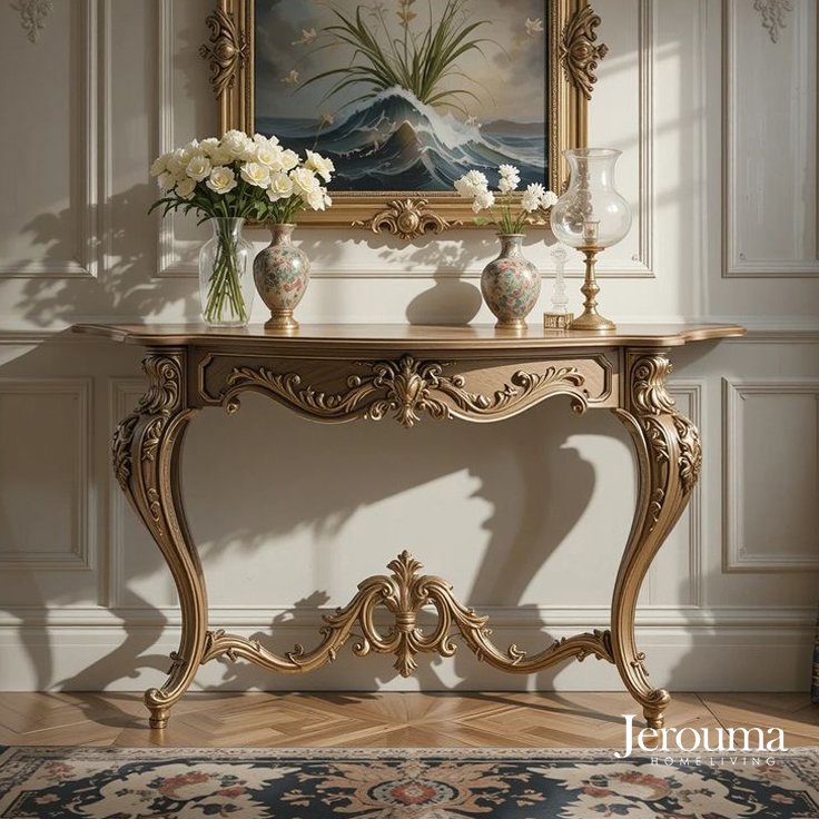 Meja Konsol Klasik Ukir Mewah – Elegansi Abadi untuk Ruang Tamu Anda