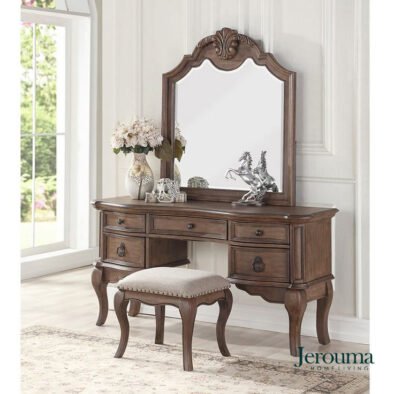 Meja Rias Klasik Kayu Jati dengan Cermin Besar dan Bangku Elegan – Vanity Set Jepara
