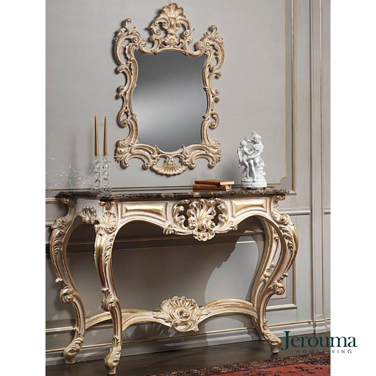 Meja Konsol Klasik Ukir Emas dengan Cermin Mewah – Console Table Jepara