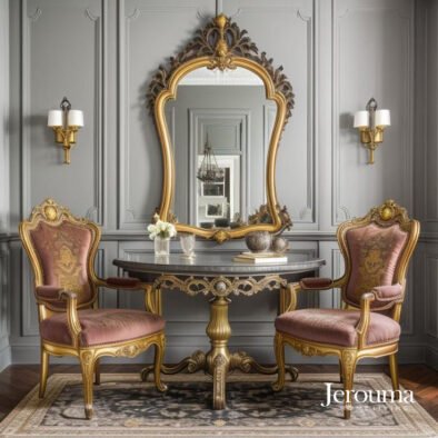 Set Meja Konsol Klasik Ukiran Emas dengan Cermin & Kursi Elegan