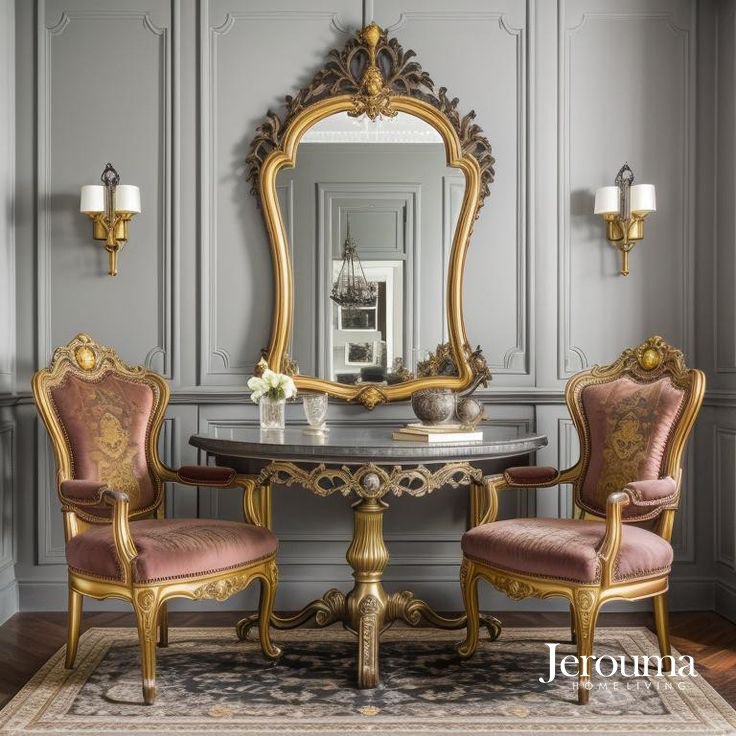 Set Meja Konsol Klasik Ukiran Emas dengan Cermin & Kursi Elegan