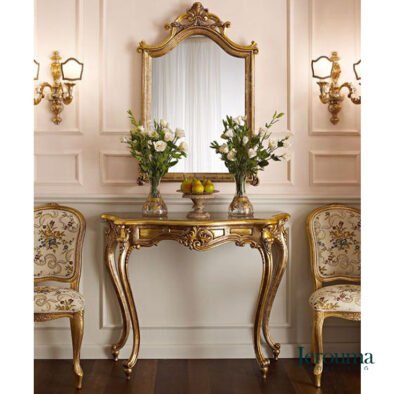 Meja Konsol Klasik Eropa Gold Leaf – Luxury Classic Console Table with Mirror