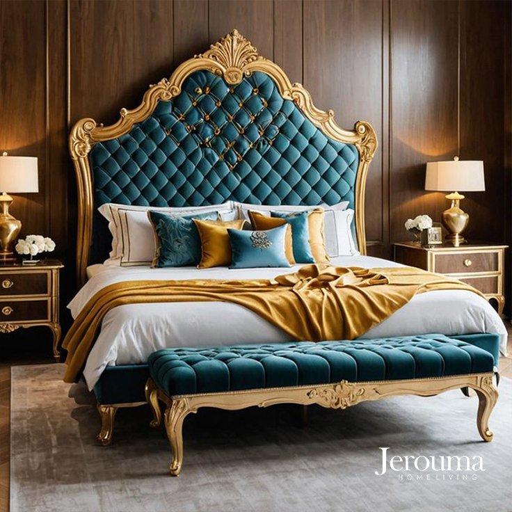 Tempat Tidur Klasik Mewah Royal Style – Luxury Classic Bed Gold Frame with Velvet Upholstery