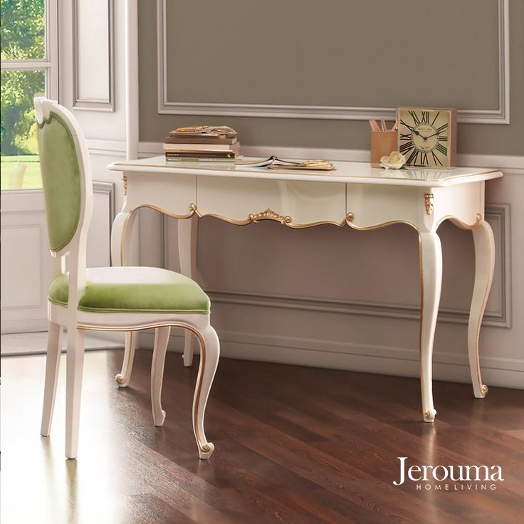 Meja Kerja / Study Desk Classic Elegance with Chair – Ivory Gold Finish