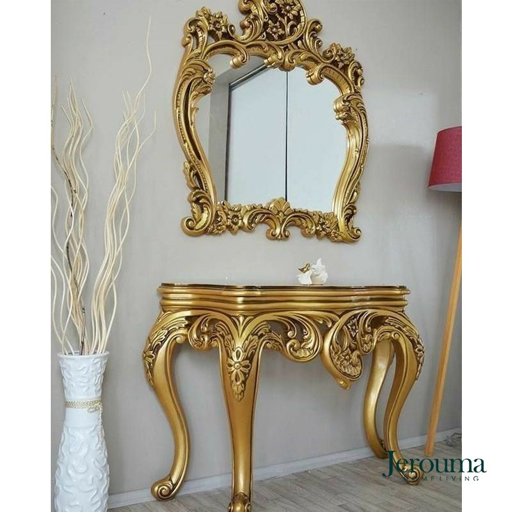 Meja Konsol Gold Luxury Classic Mirror Set – Desain Ukir Elegan