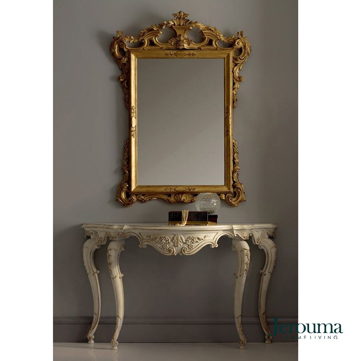 Meja Konsol Klasik Putih Ukir Eropa dengan Cermin Emas Mewah