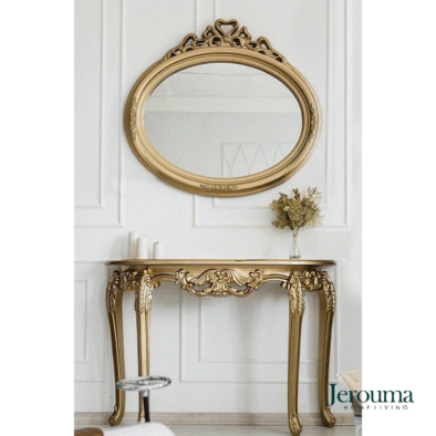 Elegant Gold Carved Console Table with Classic Oval Mirror