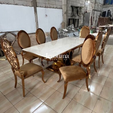 Set Meja Makan Modern Luxury Marble Top with 8 Chairs Elegan