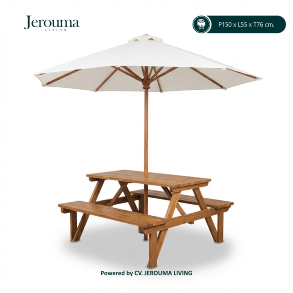 Meja Piknik Kayu Outdoor dengan Payung | Set Meja Kursi Taman P150 cm