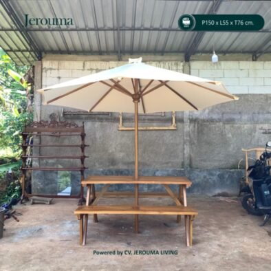 Meja Piknik Kayu Outdoor dengan Payung | Set Meja Kursi Taman P150 cm