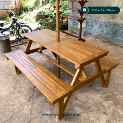 Meja Piknik Kayu Outdoor dengan Payung | Set Meja Kursi Taman P150 cm