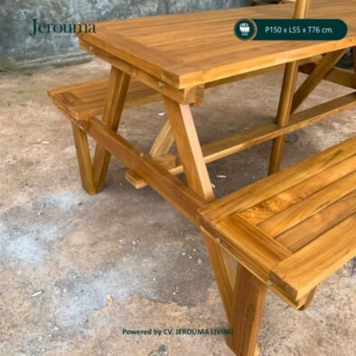 Meja Piknik Kayu Outdoor dengan Payung | Set Meja Kursi Taman P150 cm