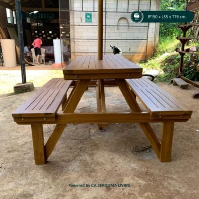 Meja Piknik Kayu Outdoor dengan Payung | Set Meja Kursi Taman P150 cm