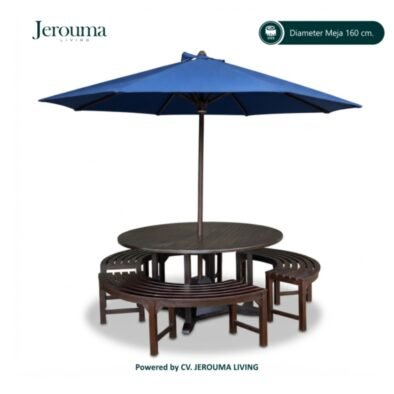 Set Meja Taman Kayu dengan Bangku Melingkar & Payung – Diameter 160 cm