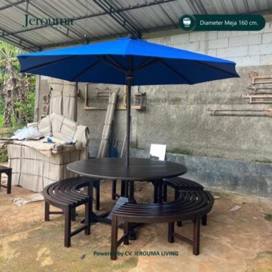 Set Meja Taman Kayu dengan Bangku Melingkar & Payung – Diameter 160 cm