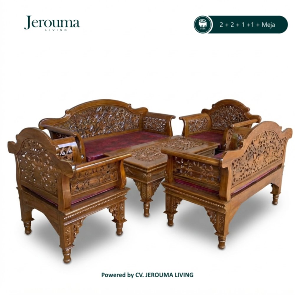 Set Kursi Tamu Kayu Ukir Mewah 2+2+1+1 + Meja – Furniture Ruang Tamu Klasik