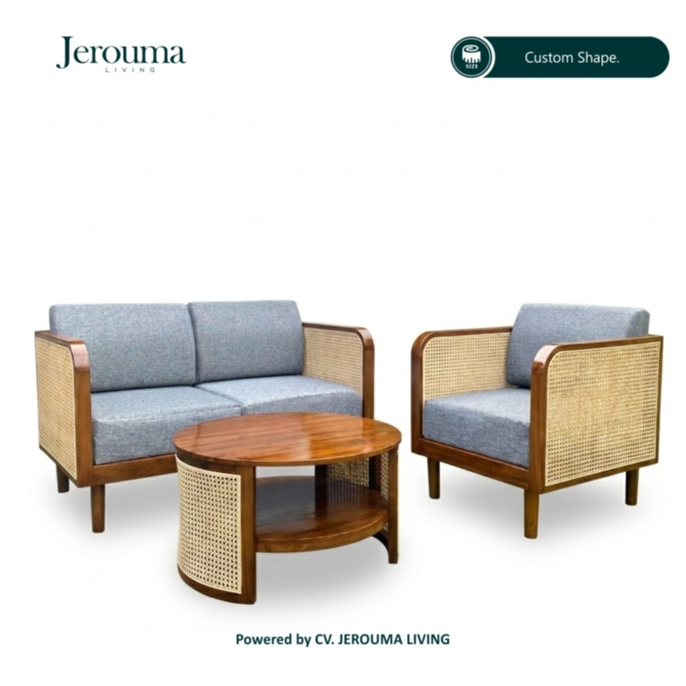 Set Kursi Tamu Minimalis Kayu Kombinasi Rotan Natural dengan Sofa Abu-Abu – Jerouma Living