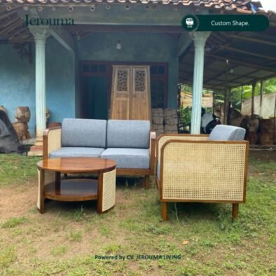 Set Kursi Tamu Minimalis Kayu Kombinasi Rotan Natural dengan Sofa Abu-Abu – Jerouma Living