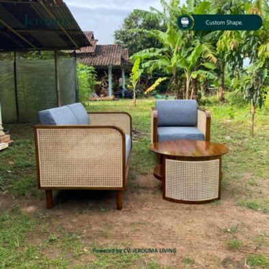 Set Kursi Tamu Minimalis Kayu Kombinasi Rotan Natural dengan Sofa Abu-Abu – Jerouma Living
