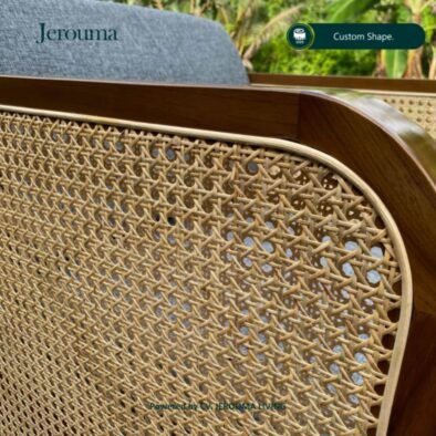 Set Kursi Tamu Minimalis Kayu Kombinasi Rotan Natural dengan Sofa Abu-Abu – Jerouma Living