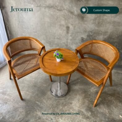 Kursi Teras Kayu Minimalis Anyaman Rotan dengan Meja Cafe – Jerouma Living