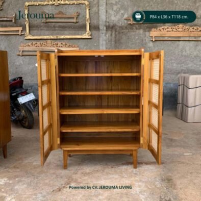Lemari 2 Pintu Kayu Jati Anyaman Rotan Minimalis Natural – Jerouma Living