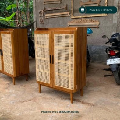 Lemari 2 Pintu Kayu Jati Anyaman Rotan Minimalis Natural – Jerouma Living