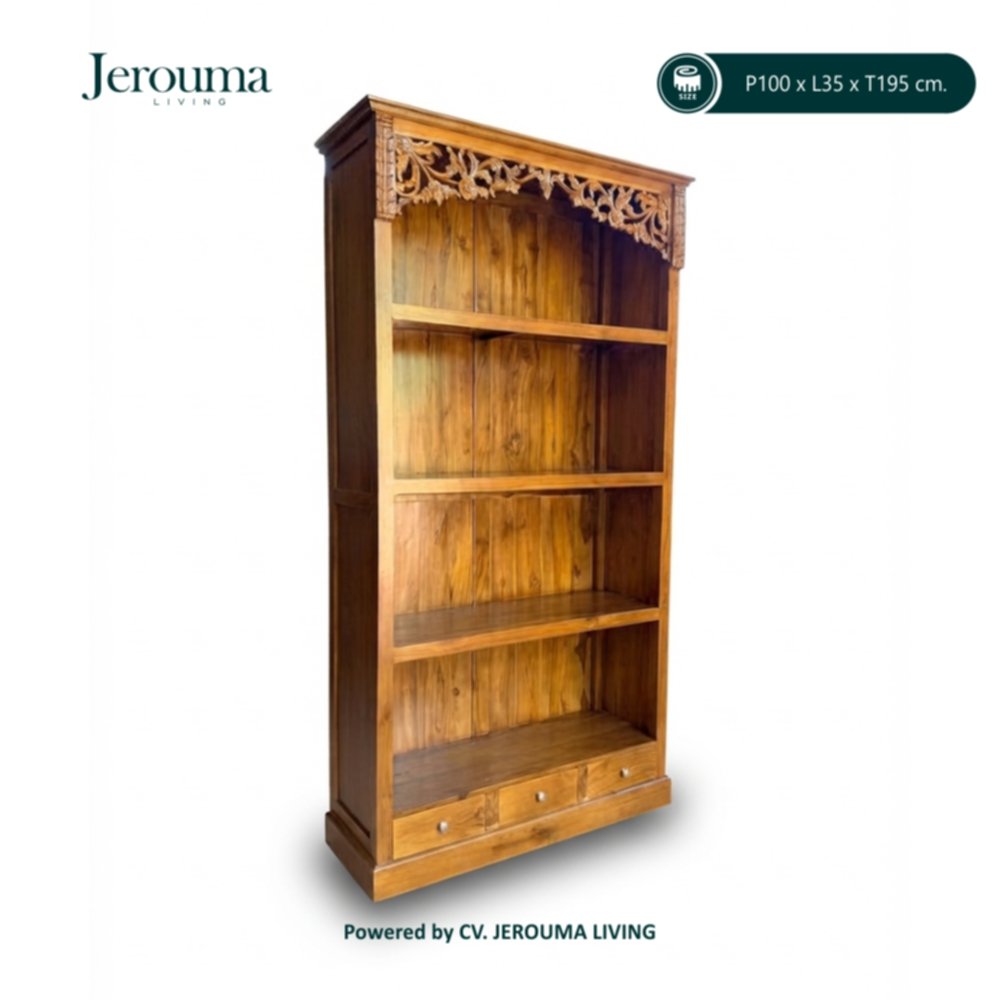 Rak Display Kayu Ukir 4 Tingkat dengan 3 Laci | Jerouma Living