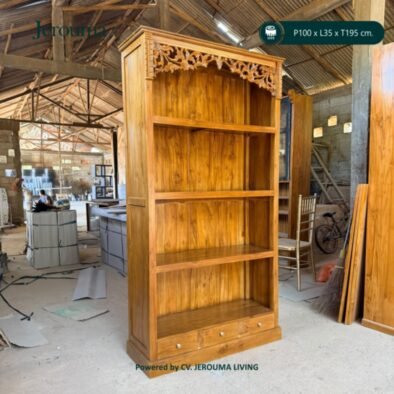 Rak Display Kayu Ukir 4 Tingkat dengan 3 Laci | Jerouma Living