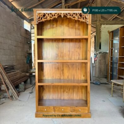 Rak Display Kayu Ukir 4 Tingkat dengan 3 Laci | Jerouma Living
