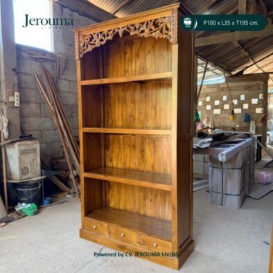 Rak Display Kayu Ukir 4 Tingkat dengan 3 Laci | Jerouma Living