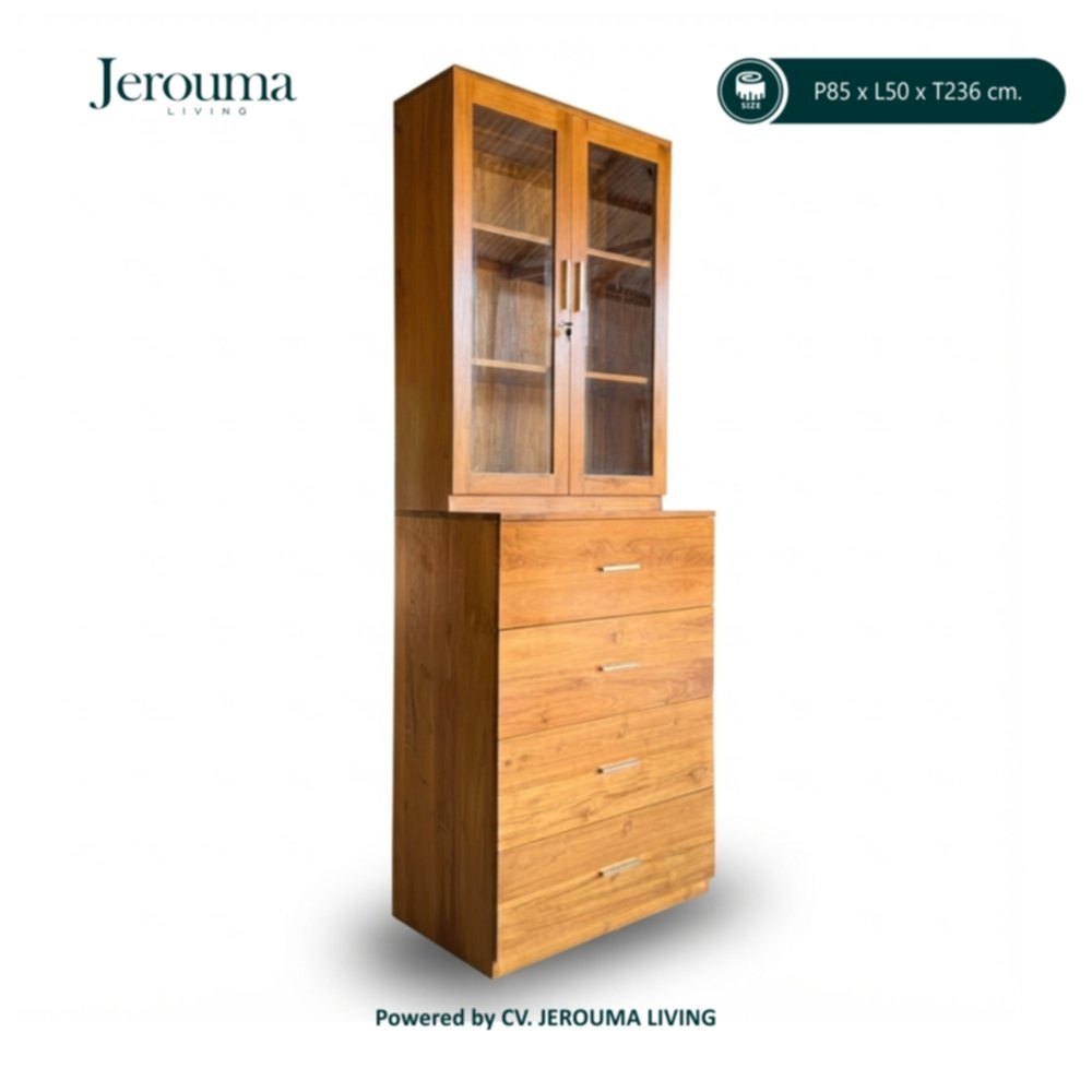 Lemari Kayu Minimalis Pintu Kaca 4 Laci | Rak Penyimpanan Multifungsi P85 × L50 × T236 cm