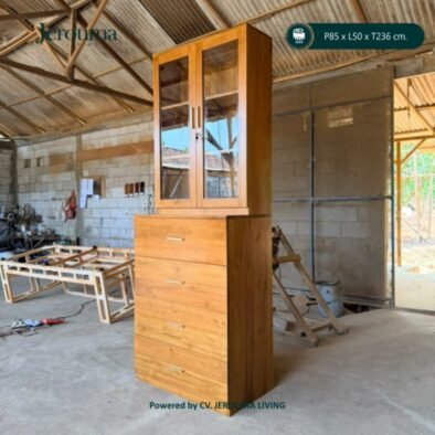 Lemari Kayu Minimalis Pintu Kaca 4 Laci | Rak Penyimpanan Multifungsi P85 × L50 × T236 cm