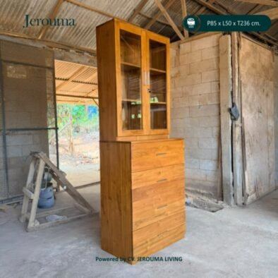 Lemari Kayu Minimalis Pintu Kaca 4 Laci | Rak Penyimpanan Multifungsi P85 × L50 × T236 cm