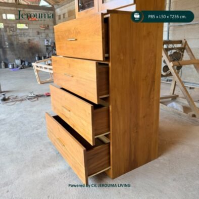 Lemari Kayu Minimalis Pintu Kaca 4 Laci | Rak Penyimpanan Multifungsi P85 × L50 × T236 cm
