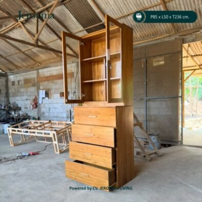 Lemari Kayu Minimalis Pintu Kaca 4 Laci | Rak Penyimpanan Multifungsi P85 × L50 × T236 cm