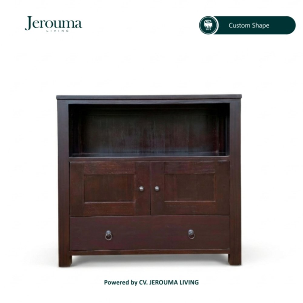 Rak Lemari Kayu Minimalis Cokelat Tua 2 Pintu 1 Laci – Jerouma Living