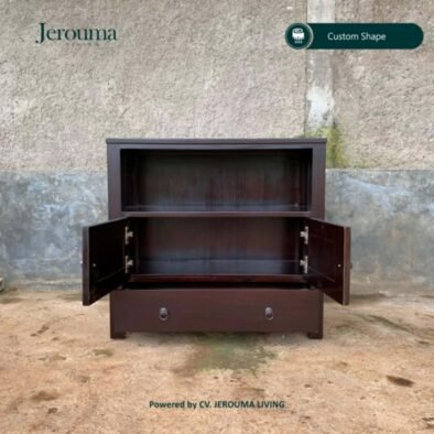Rak Lemari Kayu Minimalis Cokelat Tua 2 Pintu 1 Laci – Jerouma Living
