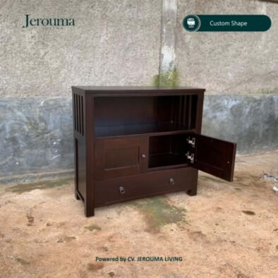 Rak Lemari Kayu Minimalis Cokelat Tua 2 Pintu 1 Laci – Jerouma Living