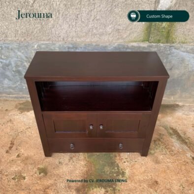 Rak Lemari Kayu Minimalis Cokelat Tua 2 Pintu 1 Laci – Jerouma Living