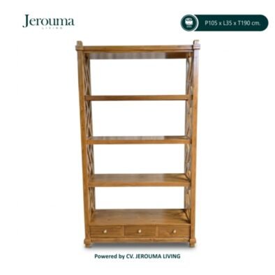 Rak Buku Kayu Minimalis Jerouma Living 3 Laci – Rak Serbaguna Ukuran 105 x 35 x 190 cm