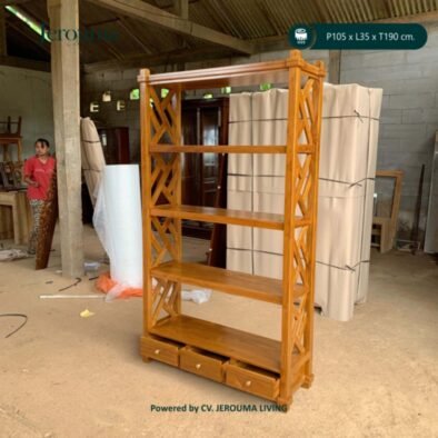 Rak Buku Kayu Minimalis Jerouma Living 3 Laci – Rak Serbaguna Ukuran 105 x 35 x 190 cm