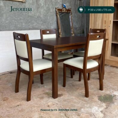 Set Meja Makan Kayu Minimalis 4 Kursi Jerouma Living – Cokelat Elegan