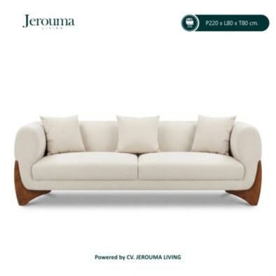 Sofa 3 Dudukan Minimalis Modern Krem dengan Kaki Kayu – P220 x L80 x T80 cm | Jerouma Living