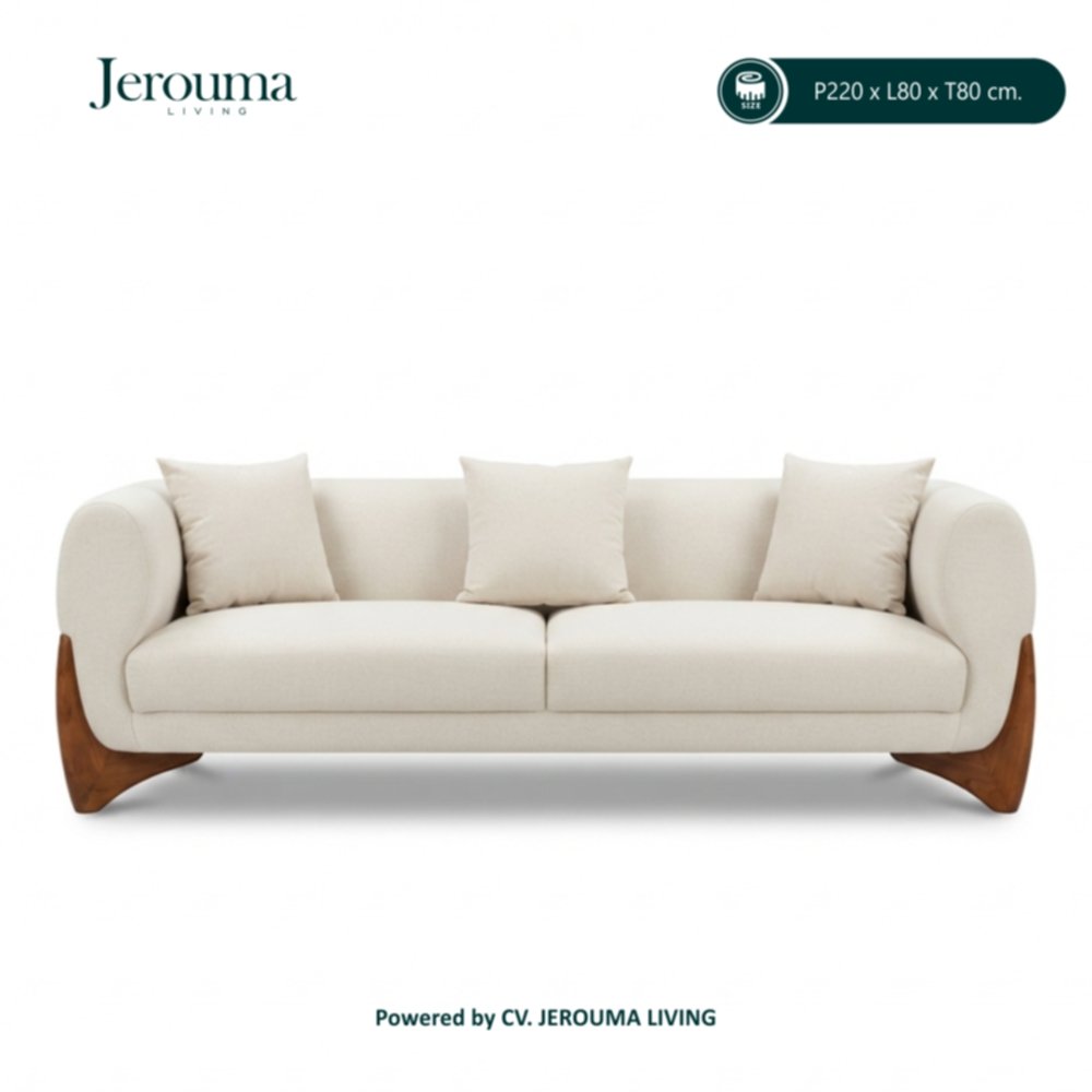 Sofa 3 Dudukan Minimalis Modern Krem dengan Kaki Kayu – P220 x L80 x T80 cm | Jerouma Living