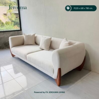 Sofa 3 Dudukan Minimalis Modern Krem dengan Kaki Kayu – P220 x L80 x T80 cm | Jerouma Living